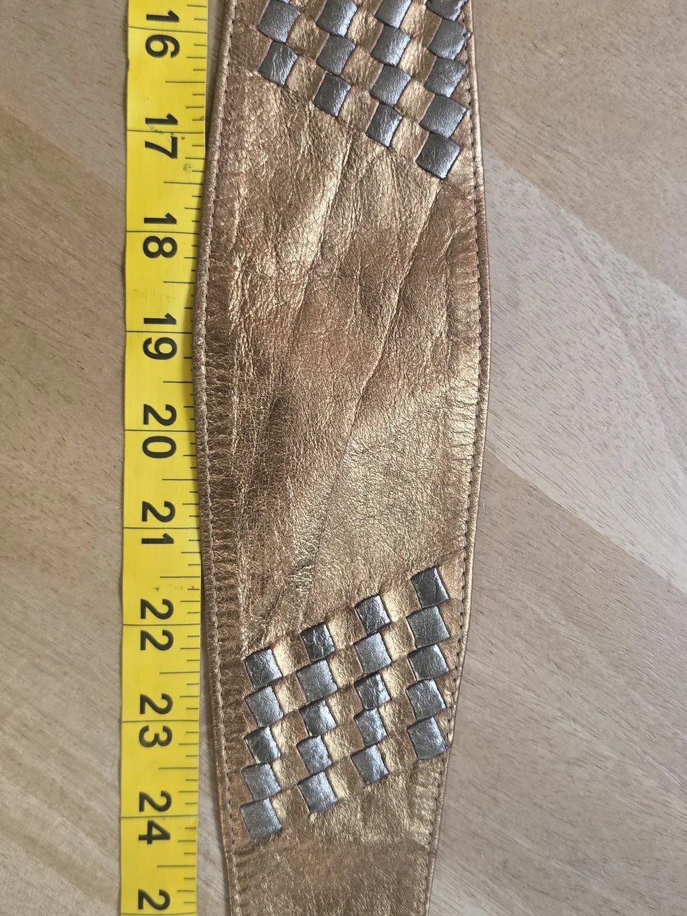 Vintage Omega Leather Wide Contour Belt Metallic Gold Silver Woven Obi Waist